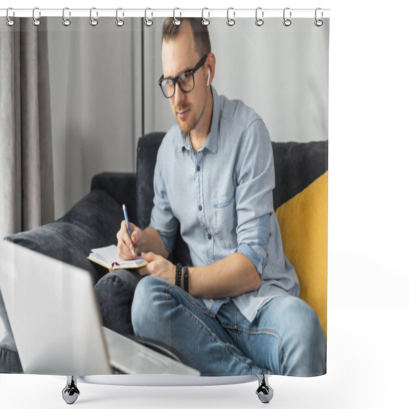 Personality  A Young Man With A Laptop Writing In A Notebbook Shower Curtains