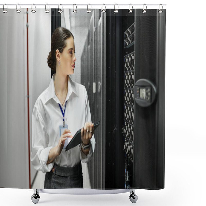 Personality  An IT Specialist In A White Shirt Manages Equipment In A Data Center While Monitoring Performance. Shower Curtains