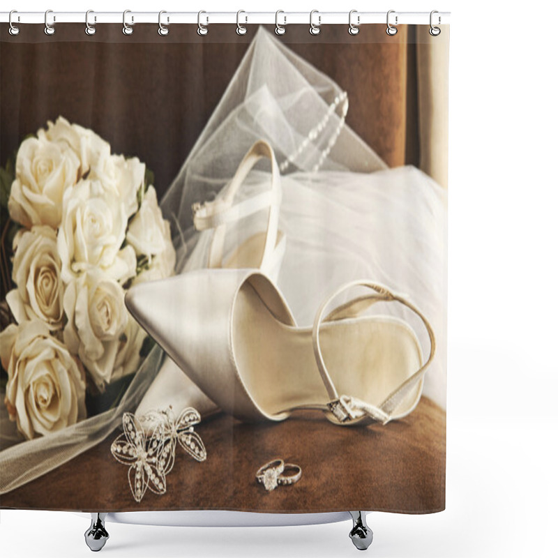 Personality  Wedding Shoes With Bouquet Of White Roses And Ring Shower Curtains