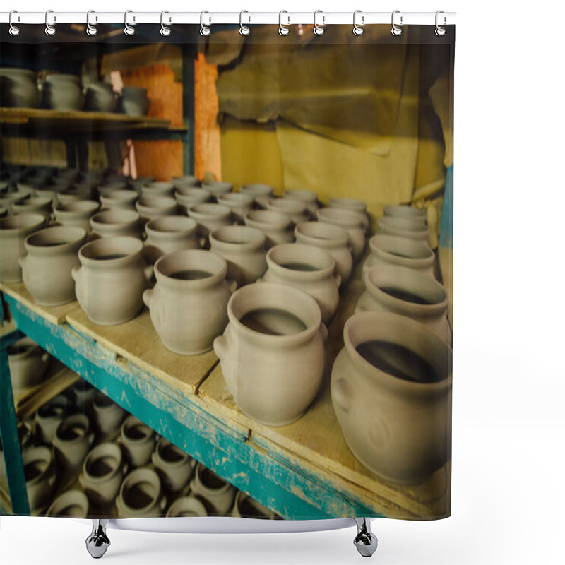 Personality  Pottery Workshop. Drying Unbaked Pottery After Molding  Shower Curtains