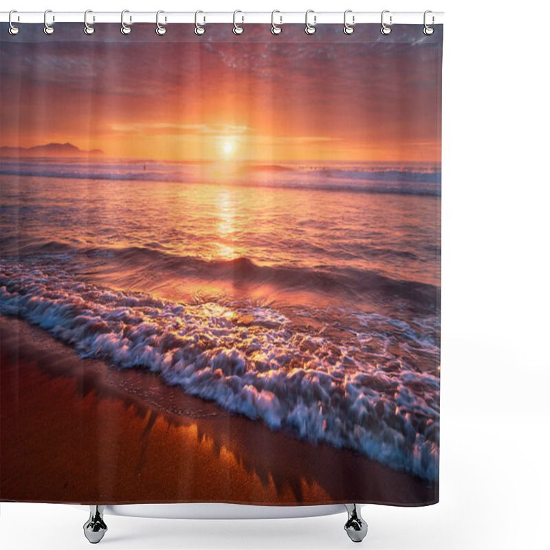 Personality  Beautiful Red Sunset On Beach With A Wave On The Shore Shower Curtains