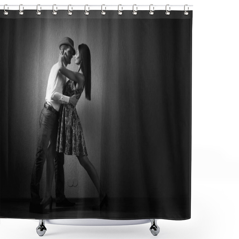 Personality  Young Beautiful Woman In Dress And Man In White Shirt Dancing Tango. Couple In Love Dancing In The Studio. Black And White. Copy Space. Shower Curtains