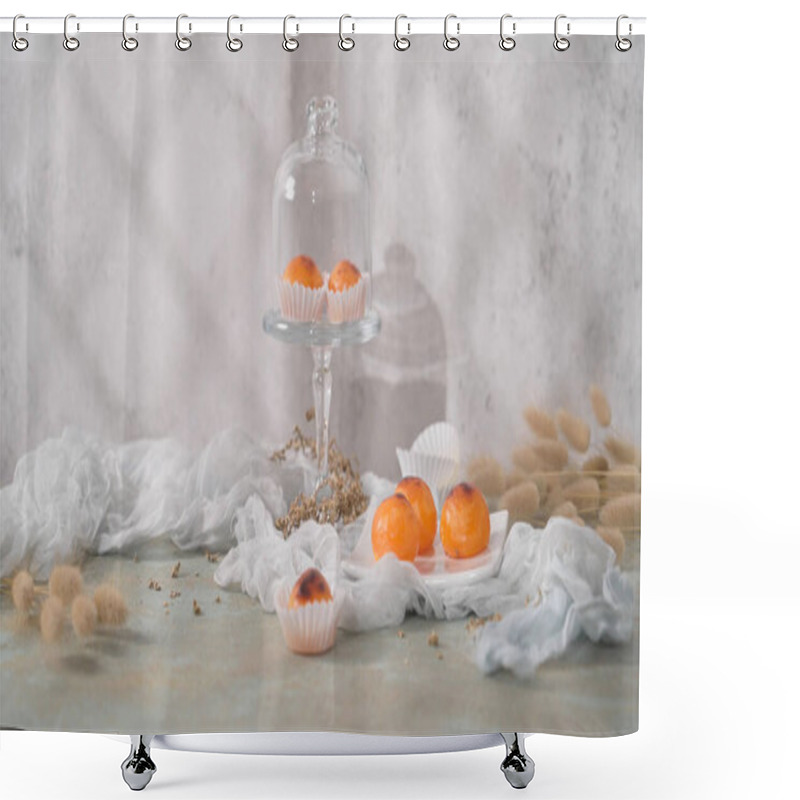 Personality  Elegant Dessert Display Featuring Golden-brown Pastries Under A Glass Cloche, Surrounded By Delicate White Fabric And Dried Floral Elements On A Rustic Surface Shower Curtains