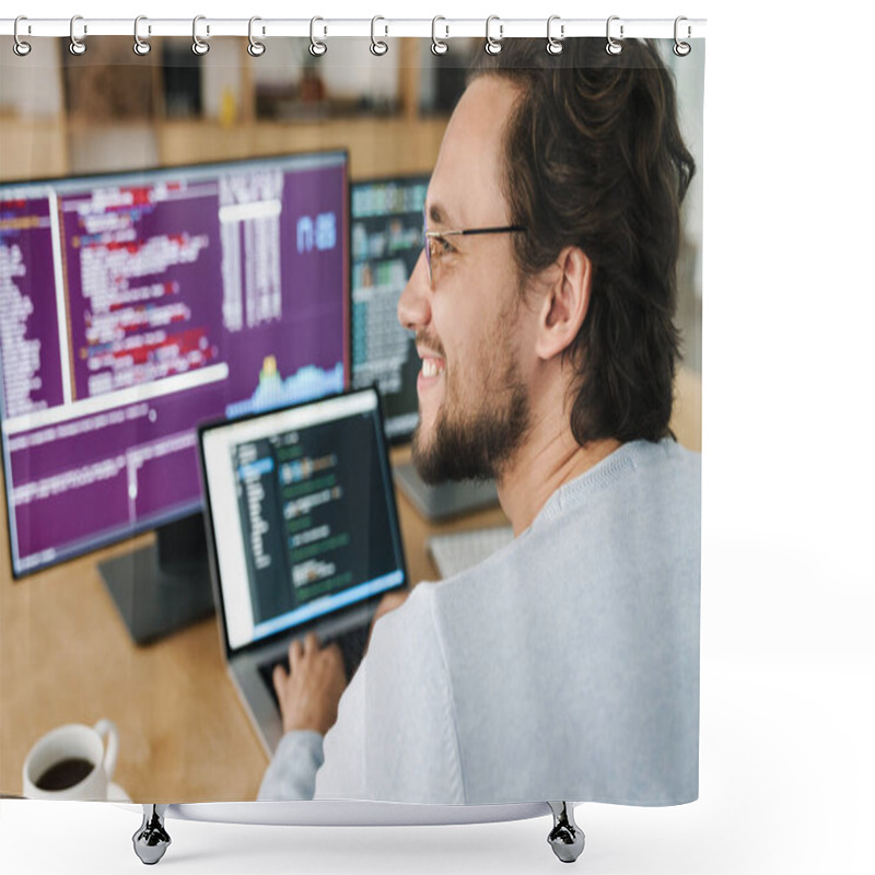 Personality  Image Of Cheerful Caucasian Programmer Man Wearing Eyeglasses Working With Computers In Office Shower Curtains