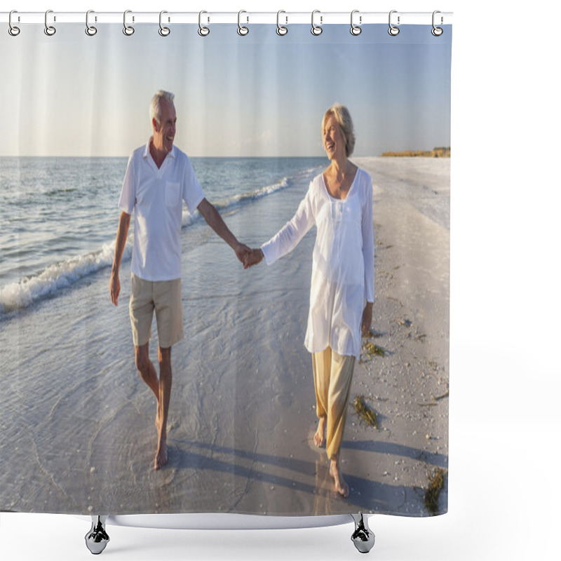 Personality  Happy Senior Couple Walking Holding Hands Tropical Beach Shower Curtains