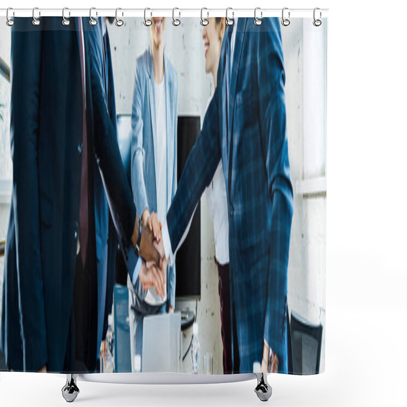 Personality  Panoramic Shot Of Cheerful Businesswomen And Multicultural Men Putting Hands Together  Shower Curtains