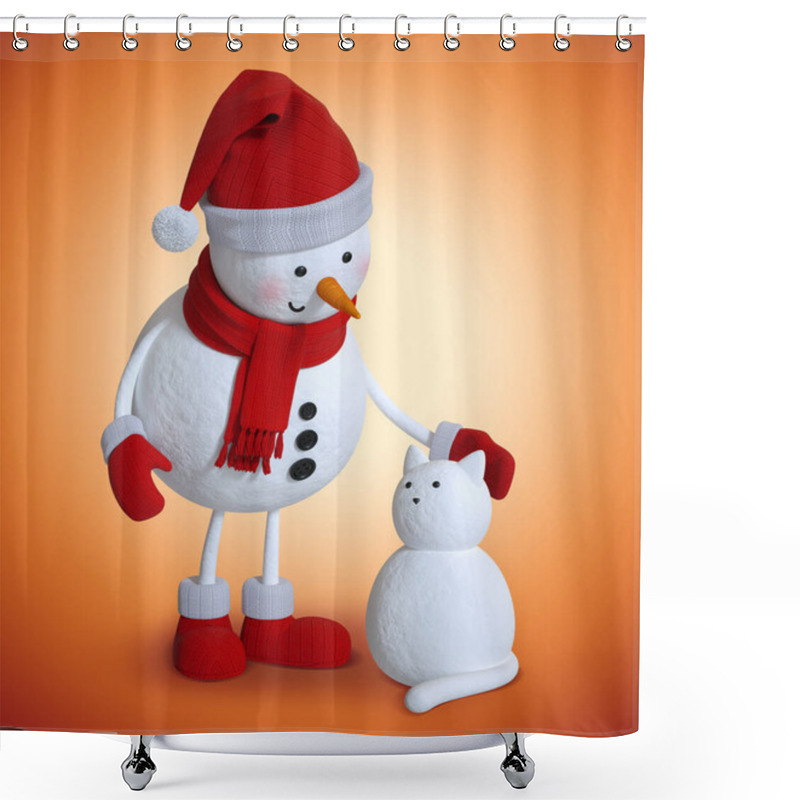 Personality  Snowman And Snow Cat, 3d Character Illustration, Christmas Holiday Clip Art Shower Curtains