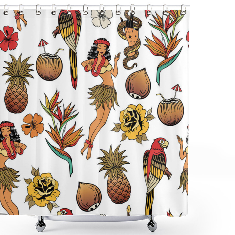 Personality  Vector Illustration Design Of Tropical Doodles Seamless Pattern. Hawaii Dancer, Parrot, Exotic Fruits And Flowers.  Shower Curtains