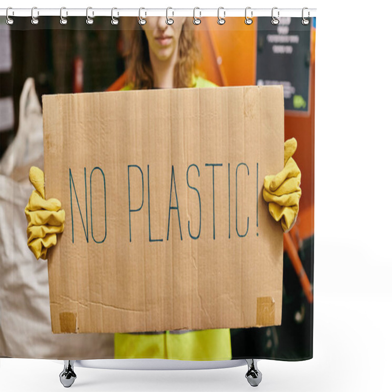 Personality  Young Volunteer In Gloves And Safety Vest Advocates Against Plastic Waste By Holding A No Plastic Sign. Shower Curtains