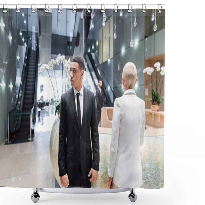 Personality  Mature Businesswoman At Hotel Reception Near Interracial Bodyguards Shower Curtains