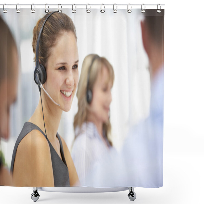 Personality  Young Businesswoman Wearing Headset Shower Curtains