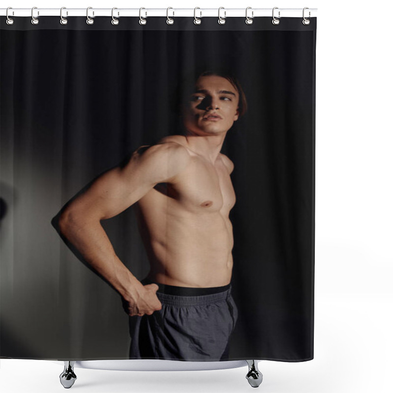 Personality  Young Man With Muscular Torso Looking Away On Black And Grey Background Shower Curtains