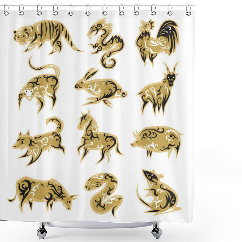 Personality  Chinese Zodiac Symbols Eastern Calendar Signs Vector Illustrations. Shower Curtains