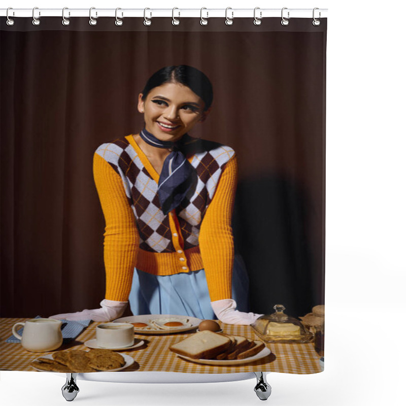 Personality  A Young Woman In A Yellow And Brown Patterned Sweater Poses Cheerfully At A Breakfast Table. Shower Curtains