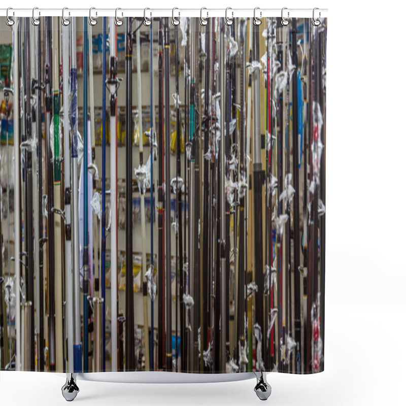 Personality  A Closeup Shot Of Fishing Rods In A Shop Shower Curtains