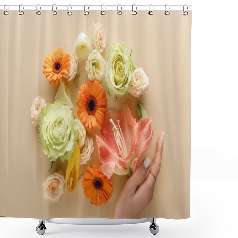 Personality  Top View Of Spring Flowers And Female Hand On Beige Background Shower Curtains