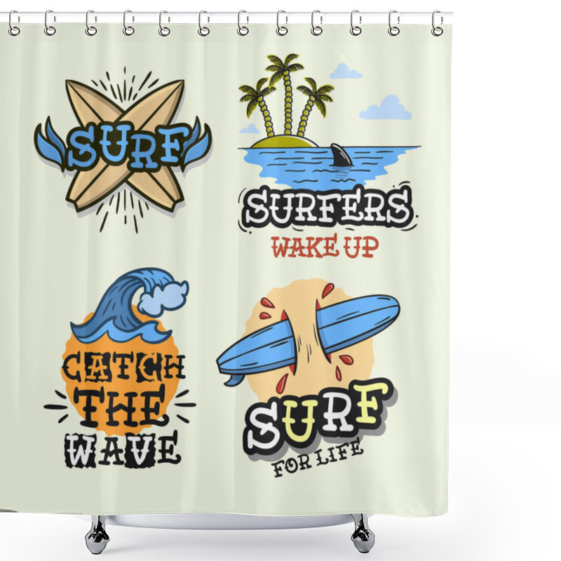 Personality  Surfing Style Surf Summer Time Beach Life Traditional Tattoo Influenced Hand Lettering Vector Illustrations Set Designs. Shower Curtains