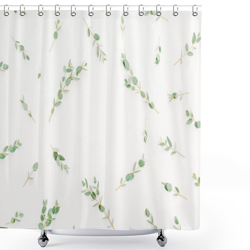 Personality  Frame Of Eucalyptus Branches Pattern With Space For Text On White Background. Flat Lay, Top View Hero Header Concept. Shower Curtains