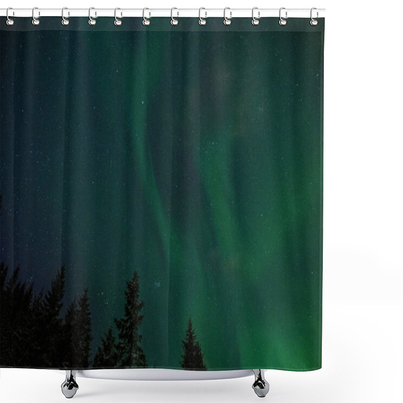 Personality  Aurora Borealis Photo Shoot In Winter Forest With Fir Trees. Lofoten Islands, Norway. Shower Curtains