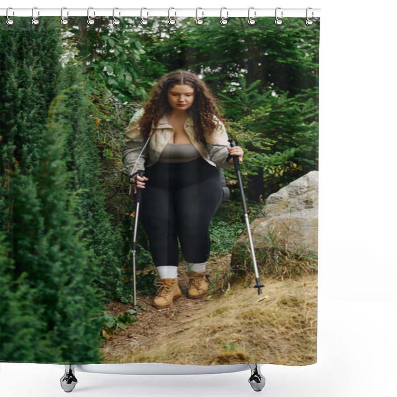 Personality  A Confident Woman In Hiking Gear Strolls Through A Vibrant Forest, Exuding Joy And Grace. Shower Curtains