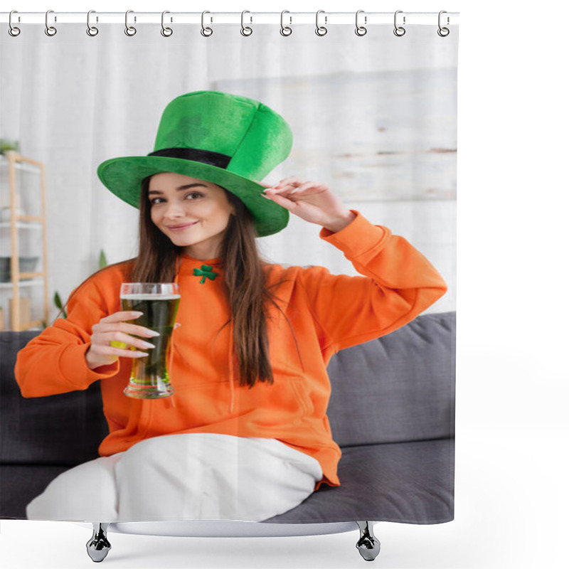 Personality  Positive Young Woman In Green Hat Holding Beer While Sitting On Couch  Shower Curtains