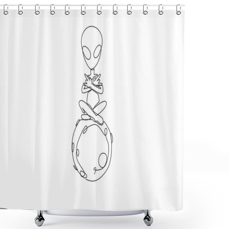 Personality  Single One Line Drawing Aliens Sitting On The Moon. Telepathic Movements. Talking From The Heart With Other Extraterrestrials. Looking Wider. Alien Day. Continuous Line Design Graphic Illustration Shower Curtains