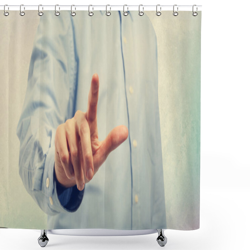 Personality  Young Man Pointing At A Touch Screen Device Shower Curtains