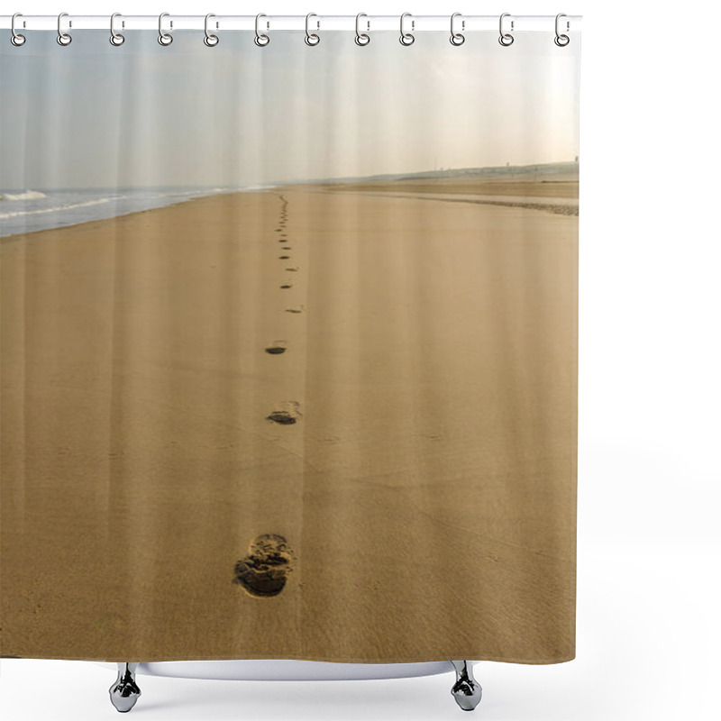 Personality  Trail Of Footsteps In The Sand Of A Deserted Beach Shower Curtains