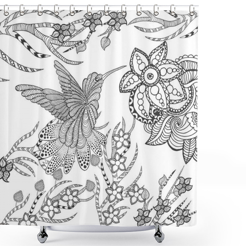 Personality  Zentangle Stylized Hummingbird In Flower Garden Shower Curtains