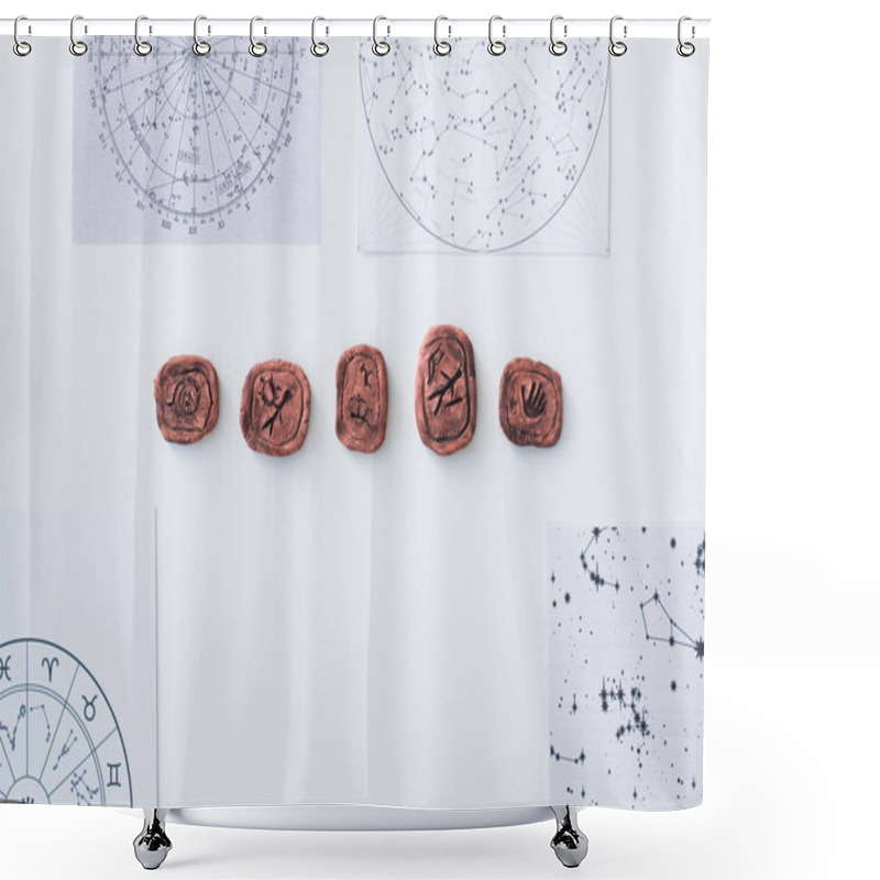 Personality  Top View Of Celestial Charts And Clay Runes On White Table Shower Curtains