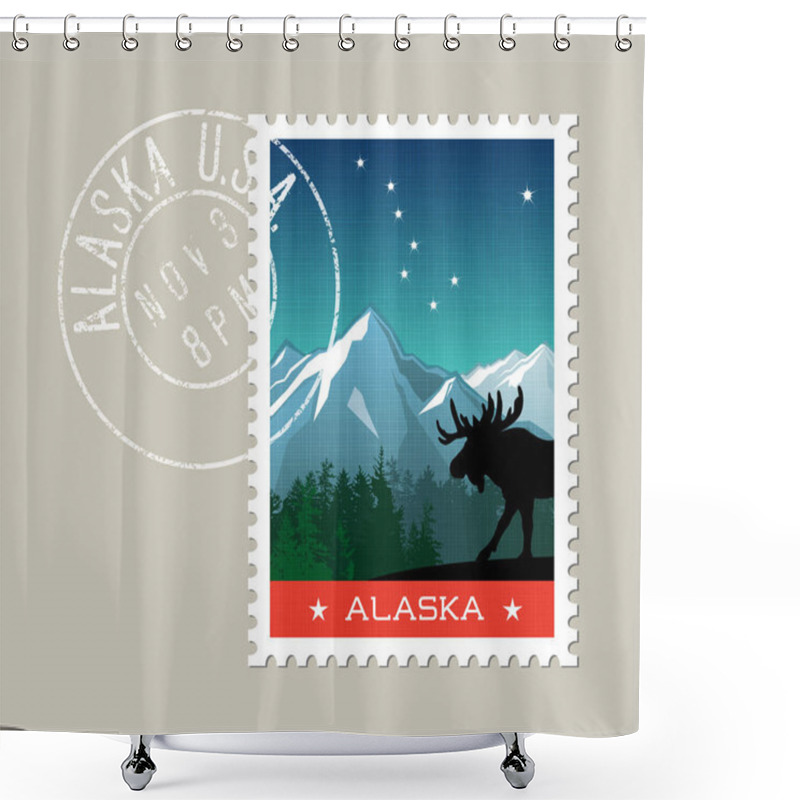 Personality  Alaska  Vector Illustration Of Scenic Mountain Landscape With Moose Silhouette Shower Curtains