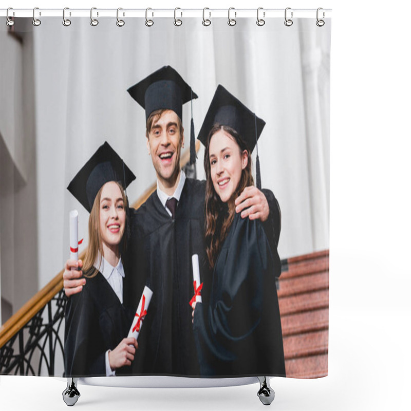 Personality  Cheerful Man In Graduation Cap Hugging Attractive Girls While Holding Diploma  Shower Curtains