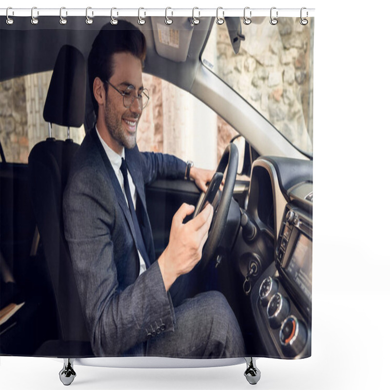 Personality  Side View Of Serious Business Man In Suit Using Phone While Sitting At The Wheel In Car. Shower Curtains