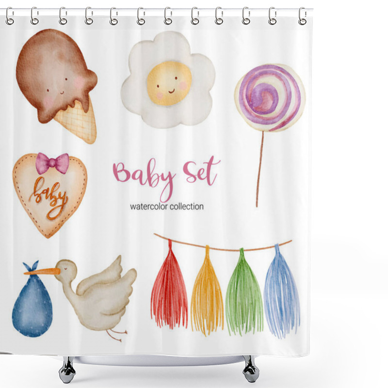 Personality  Set Of Separate Parts And Bring Together To Beautiful Clothes, Baby Items And Toy In Water Colors Style On White Background, Watercolor Vector Illustration Shower Curtains