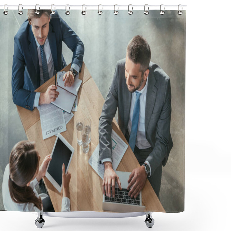 Personality  High Angle View Of Happy Business People Working Together At Modern Office Shower Curtains