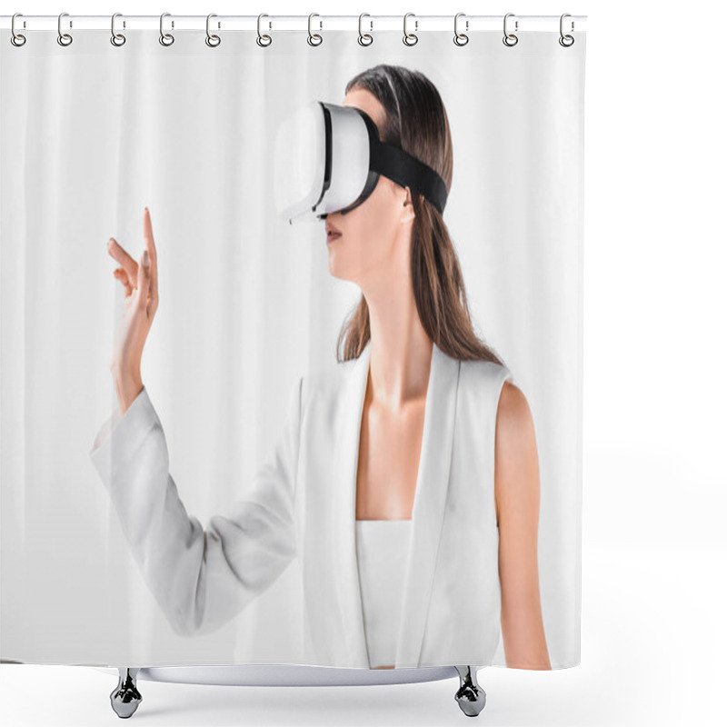 Personality  Close Up Of Adult Woman Gesturing In Virtual Reality Headset Isolated On White Shower Curtains