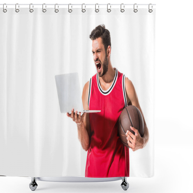 Personality  Yelling Basketball Player With Ball Using Laptop Isolated On White  Shower Curtains