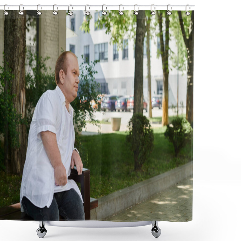 Personality  A Man With Inclusivity Sits On A Bench In A City Park, Surrounded By Greenery. Shower Curtains