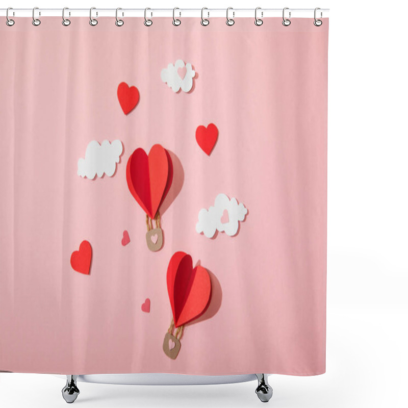 Personality  Top View Of Paper Heart Shaped Air Balloons In Clouds On Pink Shower Curtains