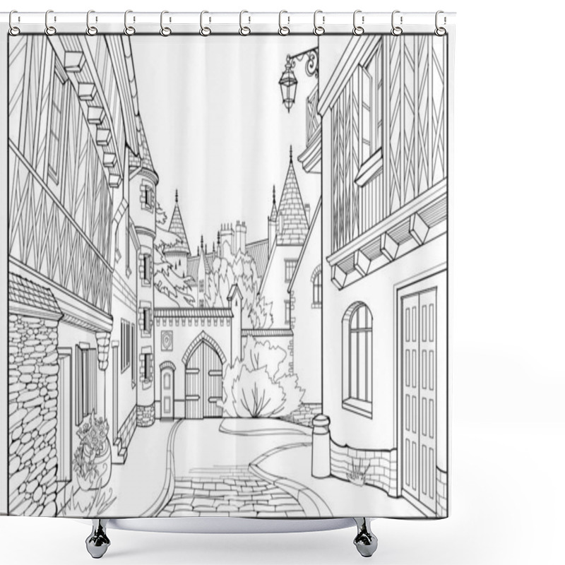 Personality  Illustration Of Street In A Medieval French Town. Fairyland Kingdom. Black And White Page For Kids Coloring Book. Worksheet For Drawing And Meditation For Children And Adults. Ancient Architecture. Shower Curtains