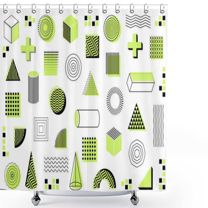 Personality  Geometric Shapes Mega Set In Flat Cartoon Design. Bundle Elements Of Halftone Memphis Style Of Cubes, Circles, Cross, Square, Triangle, Cylinder, Other. Vector Illustration Isolated Graphic Objects Shower Curtains