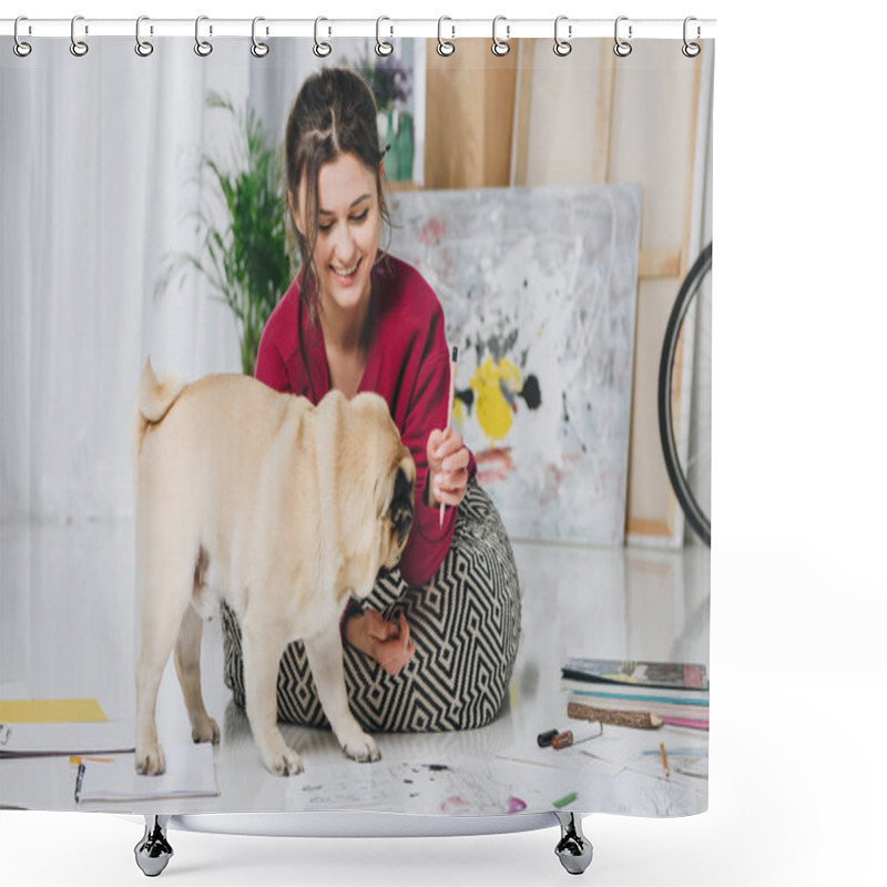 Personality  Pretty Lady Playing With Pug Puppy On Floor Shower Curtains