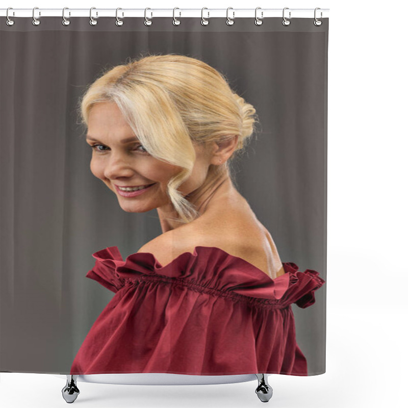 Personality  Mature Woman With Blonde Hair In A Chic Red Dress. Shower Curtains