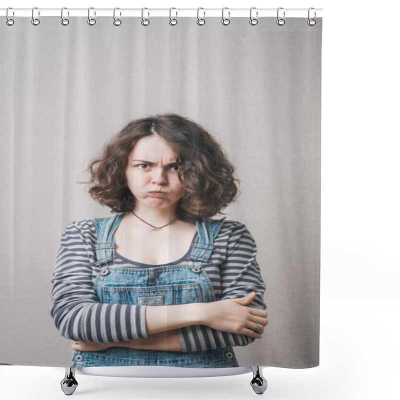 Personality  The Woman Puffed Out His Cheeks, Offended. On A Gray Background. Shower Curtains