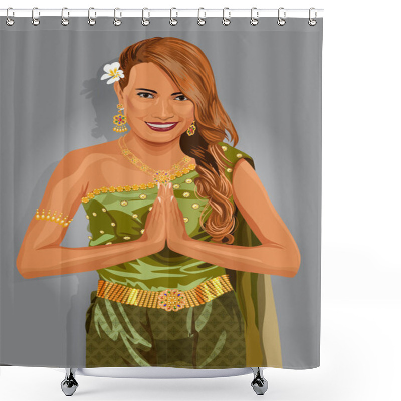 Personality  Young Woman Wearing Typical Thai Dress , Identity Culture Of Thailand. Vector Illustration Shower Curtains