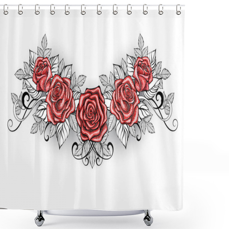 Personality  Dotwork Red Roses Tattoo On White Background. Shower Curtains