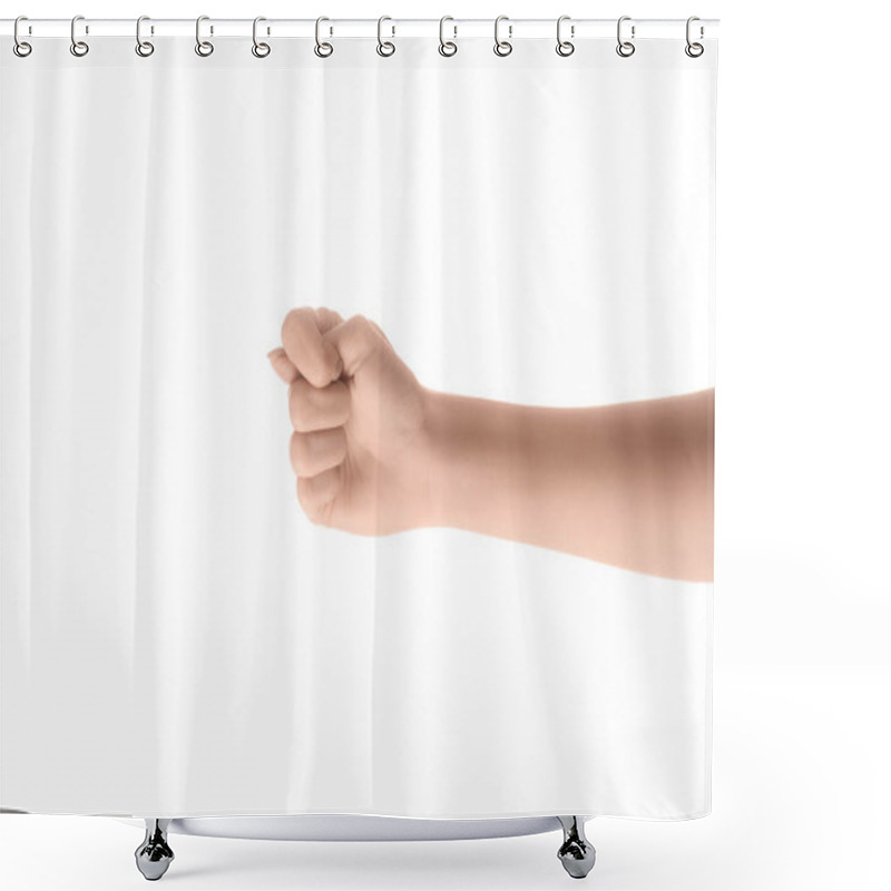 Personality  Cropped View Of Woman Showing Letter T In Deaf And Dumb Language Isolated On White Shower Curtains