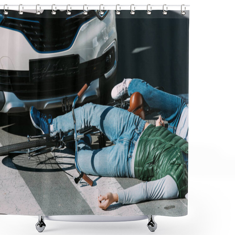 Personality  Cropped Shot Of Young Cyclists Lying On Road After Traffic Collision Shower Curtains