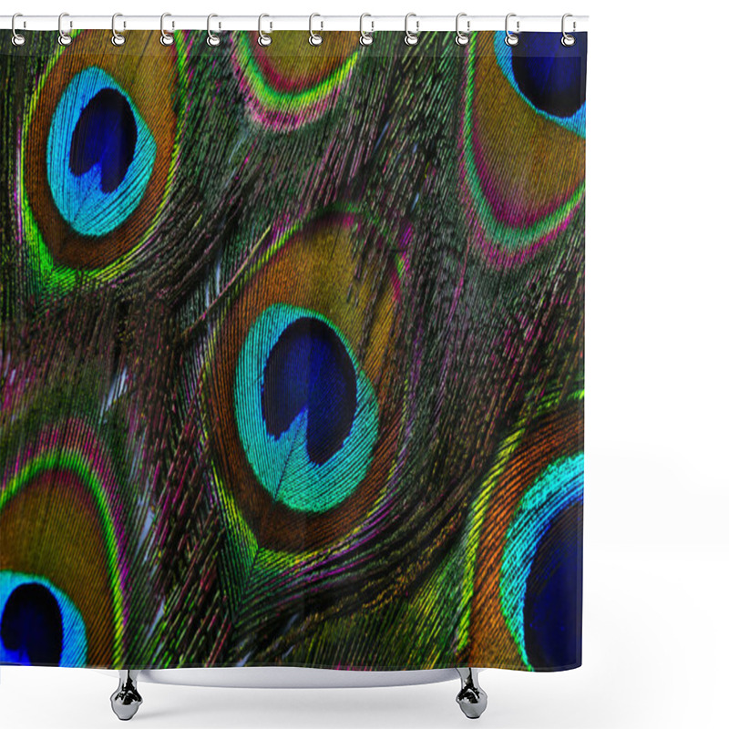 Personality  Beautiful Bright Peacock Feathers As Background, Closeup Shower Curtains