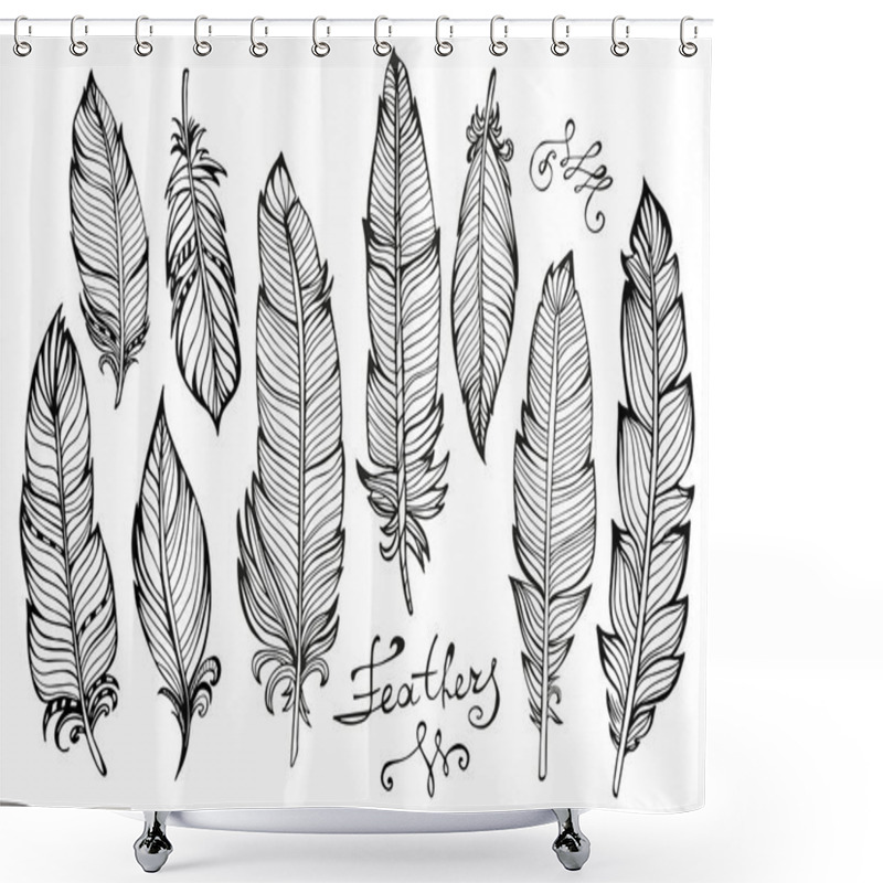 Personality  Hand Drawn Bird Feathers  Closeup Big Set Isolated On White Shower Curtains